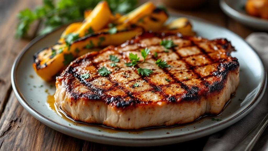 Juicy Grilled Pork Chops Recipe A juicy grilled pork chop with herbs and grilled vegetables on a rustic table.